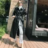 Spring Women PU Leather Long Jacket Slim Split Winkbreaker Trench Coat Pojedynczy Solid Solid z pasem 210430