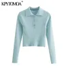 KPYTOMOA KVINNOR 2021 Fashion Cropped Stickad Monterad Sweater Vintage Lapel Collar Långärmad Kvinna Pullovers Chic Tops X0721