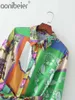 Długa koszula Sukienka Lato Drukowane Trzy Czwarte Przycisk Rękawów Przednia Wysoka Talia Dorywczo Kobiety Midi z Sashes Green 210604