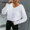 Sollinarrry V-hals wit Backless ketting vrouwen blouse Lange mouwen botton kraagvorm tops Elegante lente blouse dames 210709