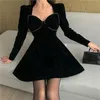 Kimutomo Women Vintage Black Velvet Bow Dress Spring Autumn Ladies Solid High Waist Long Sleeve Vestido Feminino Elegant 210521