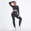 Mesh Sport Outfit för Kvinna 2021 Långärmad Crop Top Leggings Suit för Fitnseamlsportswear Gym Clothing Workout Set XS X0629