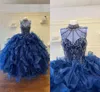 2021 Stunning Ball Gown Quinceanera Klänningar Royal Blue High Neck Beading Crystal Keyhole Backless Prom Formell Kappor Kvinnor Sweet 16 Dress Girls 15