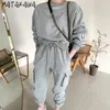 MATAKAWA Round Neck Long-sleeved Loose Plus Fleece Sweatshet High Waist Drawstring Workwear Casual Pants 2 Piece Set Women 210513