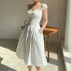 Women 2 Piece Sets White Sexy Square Collar Short Sleeve Knitted T Shirts + Elastic High waist Big Swing Midi Skirt 210519
