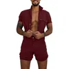 Overaller män shorts jumpsuit sommar mens ärm slim passform rompers streetwear casual knapp s byxor 210714