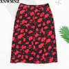 Vintage Split Women Skirts Midi Casual Red Floral Print France Black 210520