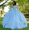 ضوء السماء الأزرق طويل الأكمام الدانتيل زائد الحجم فساتين quinceanera الكرة ثوب زين مطرزة الخرز الحلو 16 اللباس vestidos دي pegutante حزب أثواب الطرف