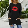 Frühling Herbst Lange Hülse Lose Beiläufige Rundhals Tasche Lip Print T-Shirt Frauen Mid-Länge Frau T-shirts Femme Tops 210517