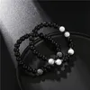 Perlen Stränge 8mm Schwarz Stein Perlen Armband Kupfer Ball 2 teile/satz Männer Frauen Armband Pulseira Herren Schmuck Pulseras armbänder Homme Bijoux F