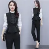 Office Workwear Two Piece Sets Outfits Women Lantern Sleeve Patchwork Tunics Tops + Straight Pants Suits Fashion Korean Set 210513