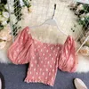 Sweet Women Puff Sleeve Blus sommar Sexig Off Shoulder Slim Crop Tops Ladies Floral Broderi Korta Skjortor Top 210525