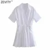 Zevity Women Fashion Hem Plisowane Patchwork Białe Pantkirts Styl Mini Sukienka Kobieta Krótki Rękaw Wstecz Zipper Chic Vestido DS8306 210603