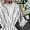 Beach Summer Seaside Holiday High Waist White Dress Skinny Women V Neck Elegant Vestidos F465 210527