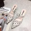 Tofflor 2021 Polka Dot High Heel Women Sandals Pekade Toe Lace Mules Skor Vintage Geometri