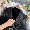 Elegant V-neck Lace Blouse Shirt Ladies French Retro Dot Mesh Patchwork Puff Sleeve Buttons Belted Short Tops 210603