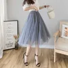Tulle kjolar MIDI PLATED Svart Rosa Kvinnor Vår Sommar Koreansk Elastisk Hög Midja Mesh Tutu 210621
