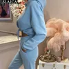 Chándal de mujer de color sólido de punto de manga larga con capucha Sweatershirtsport pantalones Casual de moda con cordones conjunto de 2 piezas 210515