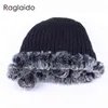 Раглайдо зимние шляпы для девочки меховой шляпа реальный REX кролика крышка цветочная вязаная шляпа с шариками черепа шапочки 55-59см LQ11280 211228