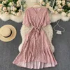 Summer Short Sleeve Women Dress French Style V-neck Floral Print Lace-up Sashes Wrap Ruffles Midi Party 210603