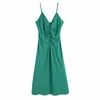 Verão Mulheres V Neck Plissing Decoração Suspensão Midi Vestido Feminino Sem Mangas Roupas Casuais Senhora Solta Vestido D7668 210430