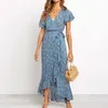 Vintage Floral Print Maxi Dress Women Boho short Sleeve Long V-neck Casual Shirt es 210524