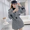 Houndstooth Viintage Woolblend Coat Dames Winter Turn-Down Collar Belted Koreaanse Mode Dames Buitenjas Overjas Femme 210518