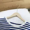 Lato i niebiesko-biały paski Open-Fork Full T-Shirt Spring Damskie Luźne Plus Size O Neck Casual Top 210615