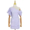 Robe à volants asymétrique patchwork pour femmes col oblique manches courtes taille haute robes minces mode féminine 210520