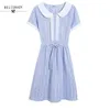 Mori Girl Summer Women Fresh Dress Peter Pan Collar Blue Gray Loose String Elegant Plaid Sweet Short Sleeve ES 210520