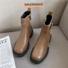 Boots Thick Heel Short Women'S Shoes 2021 Brown Square Toe Metal Chain Side Zipper