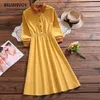 Japanese Style Mori Girl Corduroy Dress Spring Autumn Women Solid Color Midi Dresses Blue Yellow Elegant Feminine Vestidos 210520