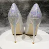 Sexig Lady Fashion Women Shoes Designer Rosa Glitter Strass Pointy Toe Stiletto Stripper Högklackat Brud Bröllopspumpar 12cm 10cm Storlek 44