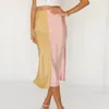 Mode féminine Vintage A-Line Jupes Femme Taille Haute Fermeture à glissière Satin Couleur Correspondant Jupe longue Jupes mi-mollet pour femmes 210514