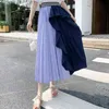 Navy Blue Black Striped Pleated Patchwork Ruffle Elastic Waist Maxi Skirt A-line Empire Casual S0251 210514