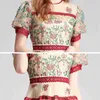 Women's Mid-calf Dress Summer Vestidos Retro O neck Short Puff Sleeve Lace Stitching Slim Embroidered Mesh 210506