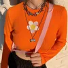 Yedinas Floral Broderi Print Crop Top Kvinnor Långärmad Spring T-shirts Orange Aestetisk Slim T Shirt Koreanska Streetwear Egirl 210527