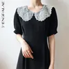 Black Chiffon Dress Women's Summer Lace Peter Pan Collar Waist Short Sleeve Mid-calf Dresses Female Tide 210427