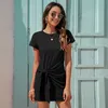 Kvinnor O Neck Kortärmad Tie Up Mini Klänning Sommar Solid Färg Casual Elegant Black Pink Slim T-shirt Vestidos Kvinna 210522