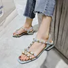 Flache Sandalen Damen Sommer Nieten Blockabsatz Römische Schuhe Mittelabsatz Übergröße Damen Sandalen