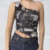 Sommer frauen Tanks Camis Harajuku 90er Jahre Vintage Gedruckt Crop Tops Eine Schulter Korsett Tank Frauen Ästhetischen Chinesischen Stil weste