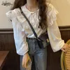 Spring Fairy Peter Pan Collar Basic Blouse Office Lady Tops Chic Kant Chiffon Puff Sleeve Casual Vintage Vrouwelijke Shirt 11767 210521