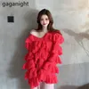 Ruffles Women Cake Party Dress Sweet Girls Mini Short Long Sleeve Knitted Dresses Sexy Ruffle Loose Vestidos Solid 210601