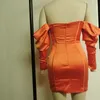 女性のセクシーなファッション長袖ショルダーオレンジパーティードレスエレガントな有名人レースプロムカクテルボディコン210527