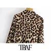 Moda donna chic con fiocco legato stampa leopardo mini abito vintage scollo a V manica lunga abiti femminili abiti mujer 210507