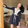 Royalblue Vintage Long Sleeve A Line Mini Dress Women V Neck Bow Tie Tunic Ladies Autumn Winter Fall Clothes 210427