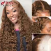 Long Kinky Curly Brazilian Human Hair Wig Dark Brown Deep Wave Lace Front Synthetic Wigs For African American Women