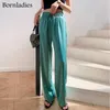 Bornladies taille haute taille large pantalon femme solide surdimensionné satin de soie vintage vert femme décontracté droit pantalon ample 210925