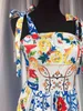 Fashion Runway Summer Dress Spaghetti Strap Backless Bleu et Blanc Porcelaine Floral Print Long 210421