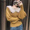 Elegancka Koronka Patchwork Knit Sweter Kobiety Peter Pan Collar Sweter Długi Rękaw Pull Femme Zimowy Znosić Sueter 210422